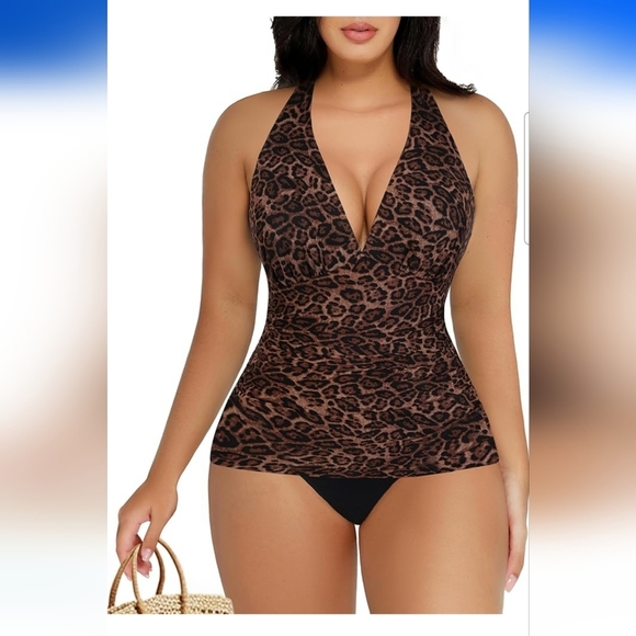 Popilush Leopard Print V Neck Halter Tummy Control One Piece Swimsuit Size L - Picture 1 of 12